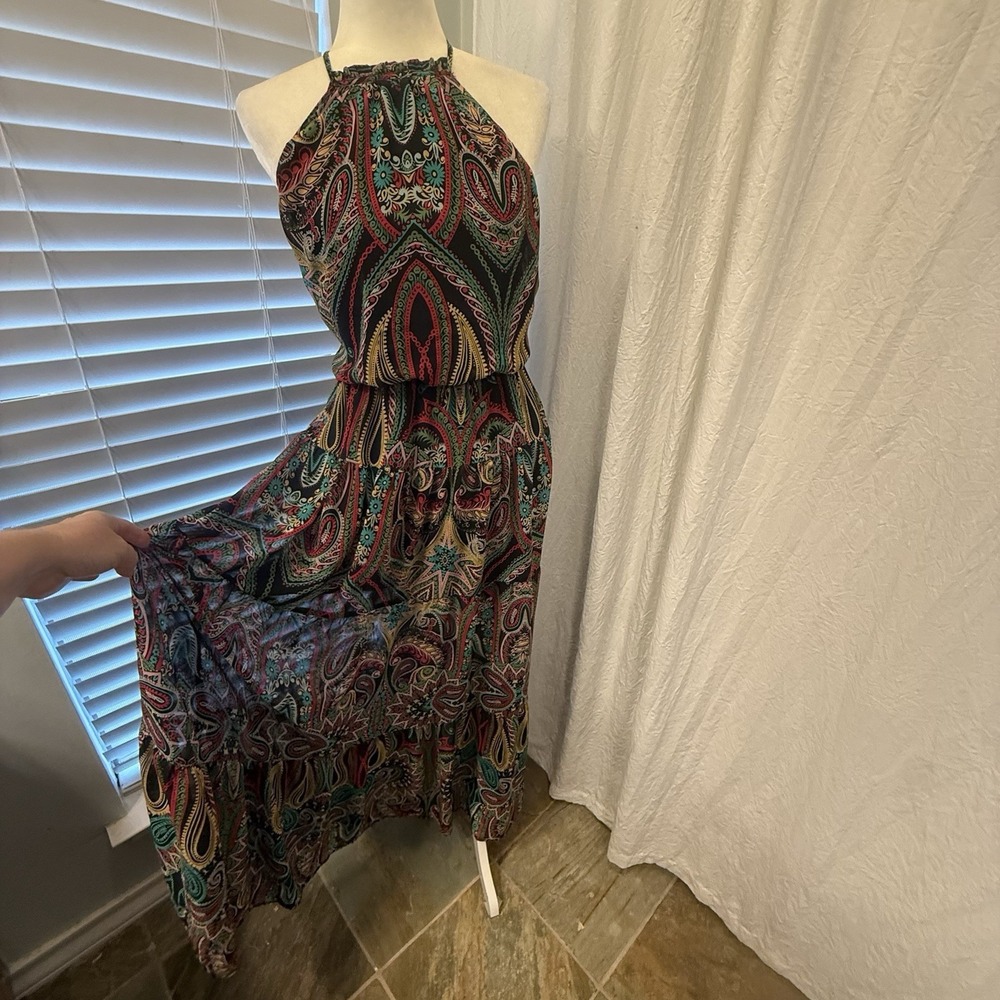 New York & Company Black Multi Print Maxi Halter Dress Sheer Overlay Size Small